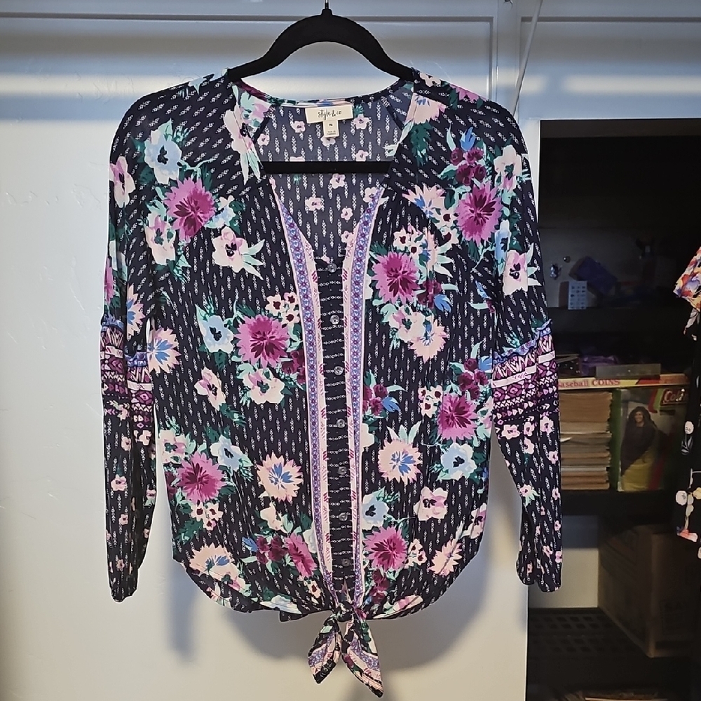 Style & Co Pink and Green Buttoned Tie-Front Blouse